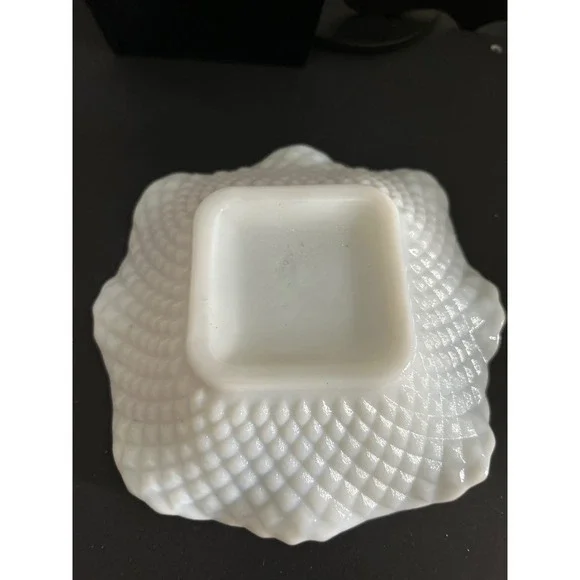 Milk Glass Bowl White Vintage Hobnail Ruffled Edge Square Base Collectible 5in - Picture 4 of 8